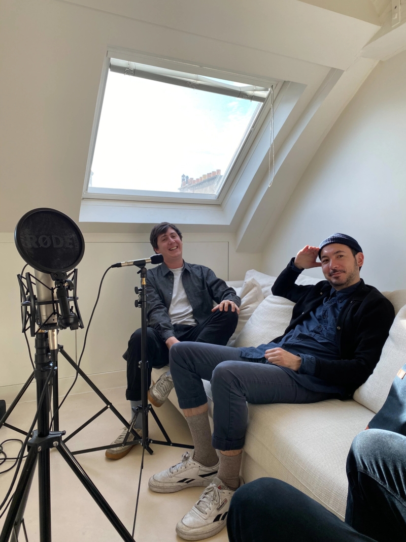 Tom Haugomat & Bruno Mangyoku recording podcast with Handsome Frank