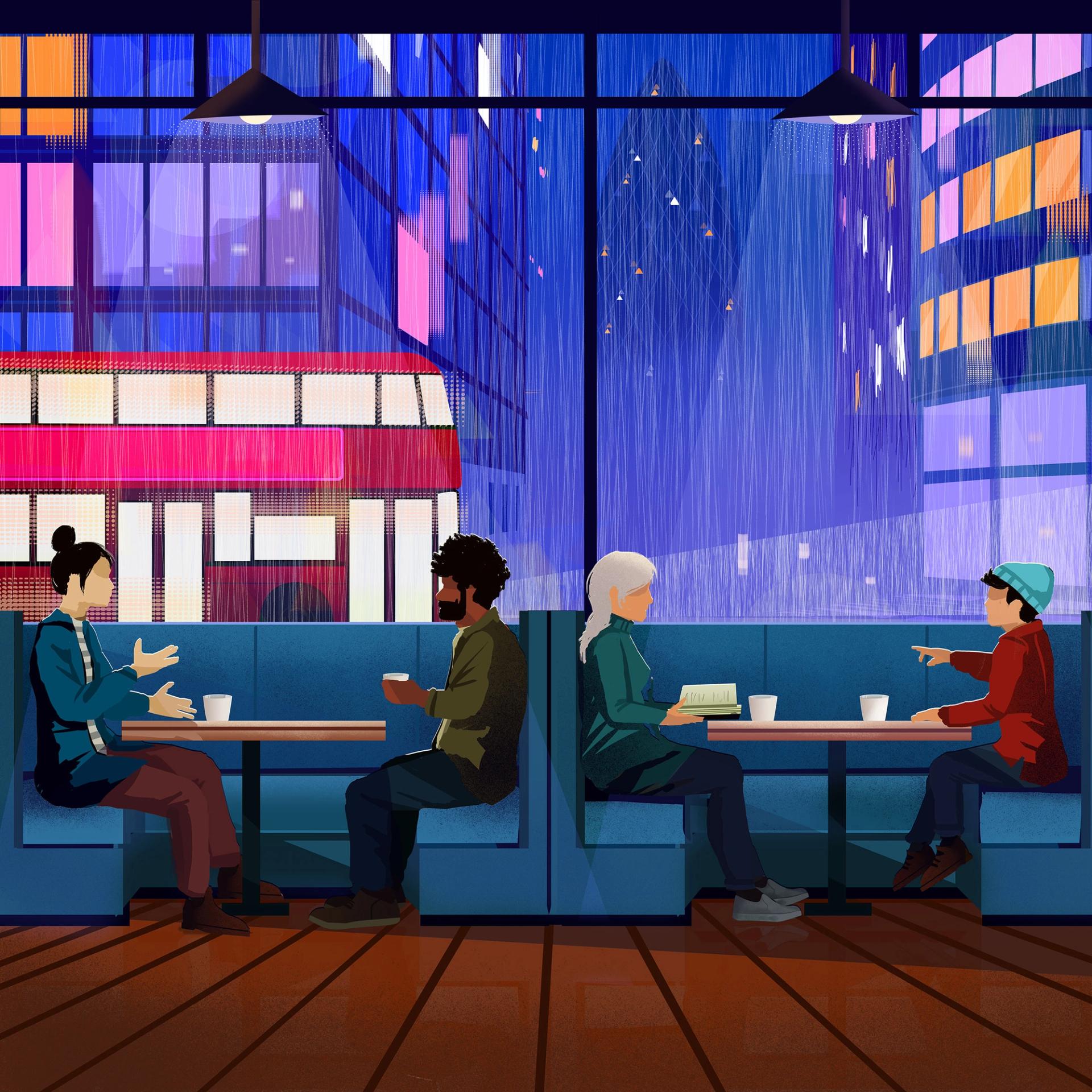Matt Saunders illustrates a cosy cafe scene as gentle rain falls outside