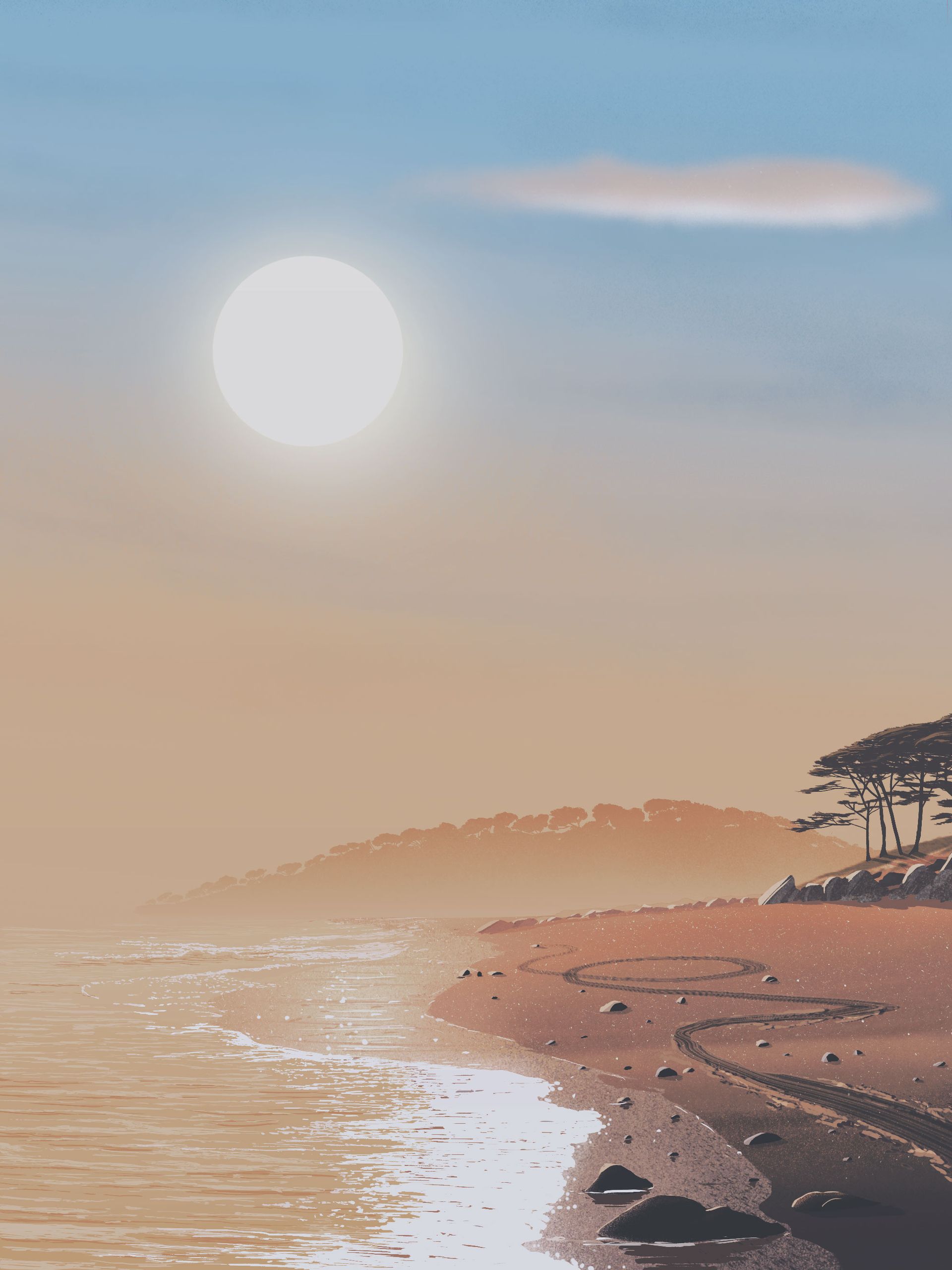 A bright sun shines over a beach at sunset, with "LOVE" drawn in the sand, waves, and distant trees.