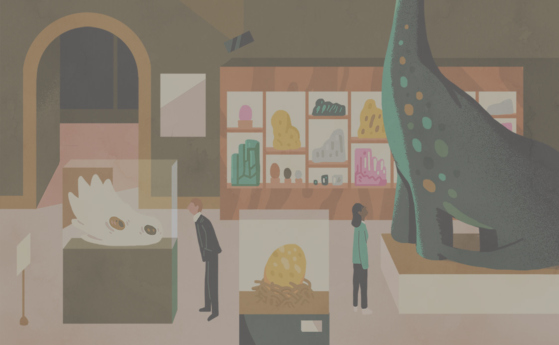 An illustration of a museum with visitors viewing a dinosaur skull, a large dinosaur statue, and a golden egg.