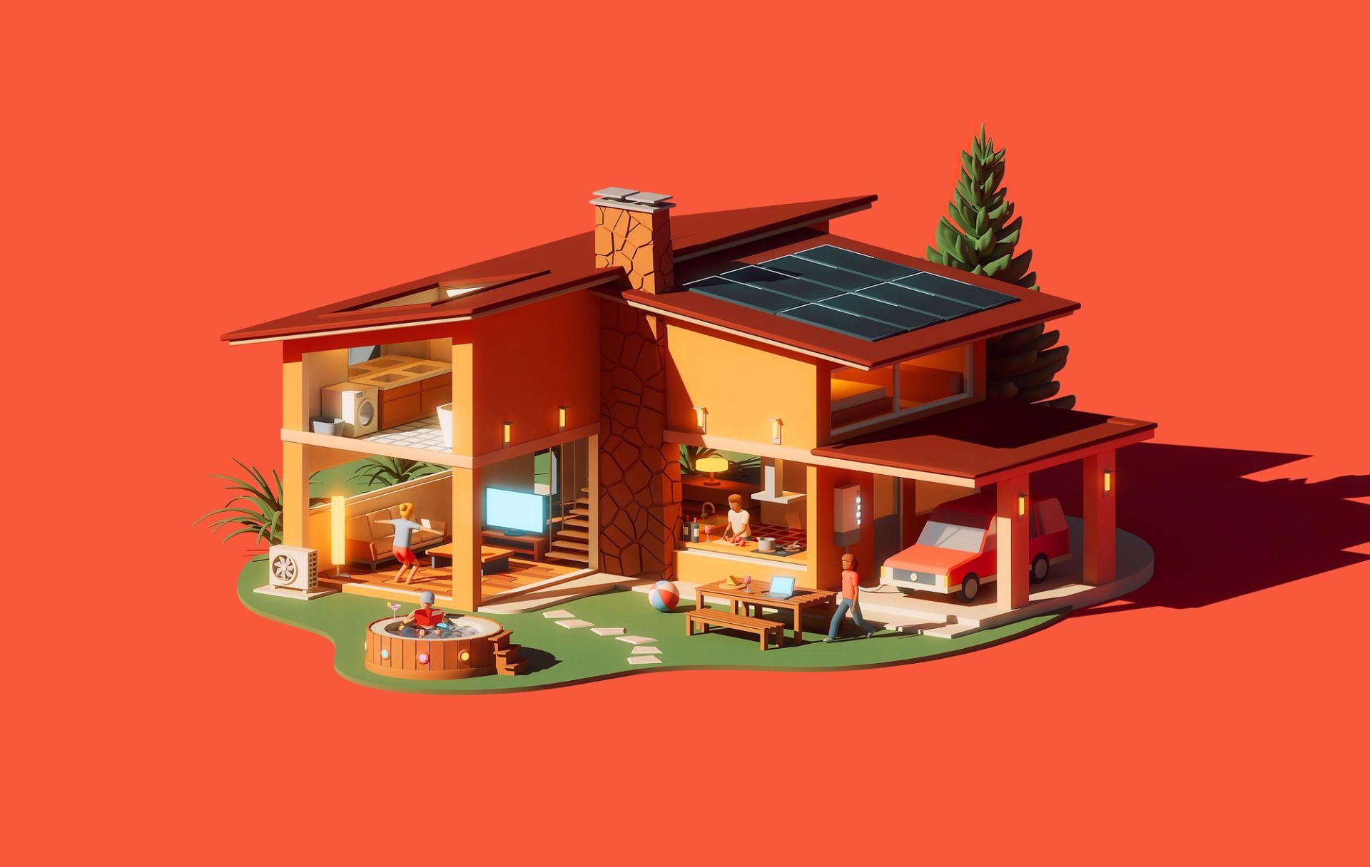 A detailed isometric 3D cutaway view of a modern house with solar panels, showing people engaged in various activities inside, a car in the carport, and a hot tub outside.