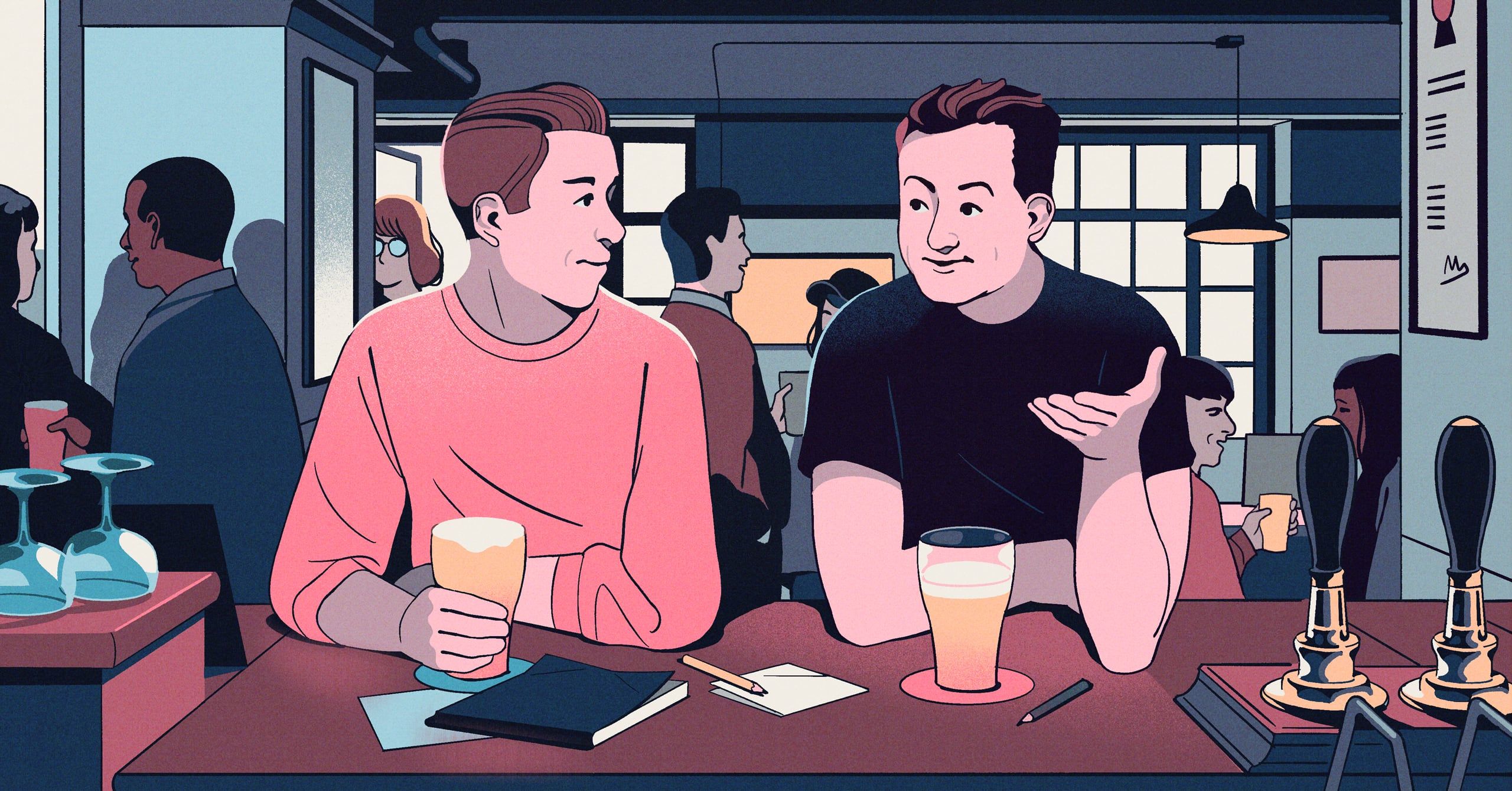 Illustration of founders drinking beers at bar