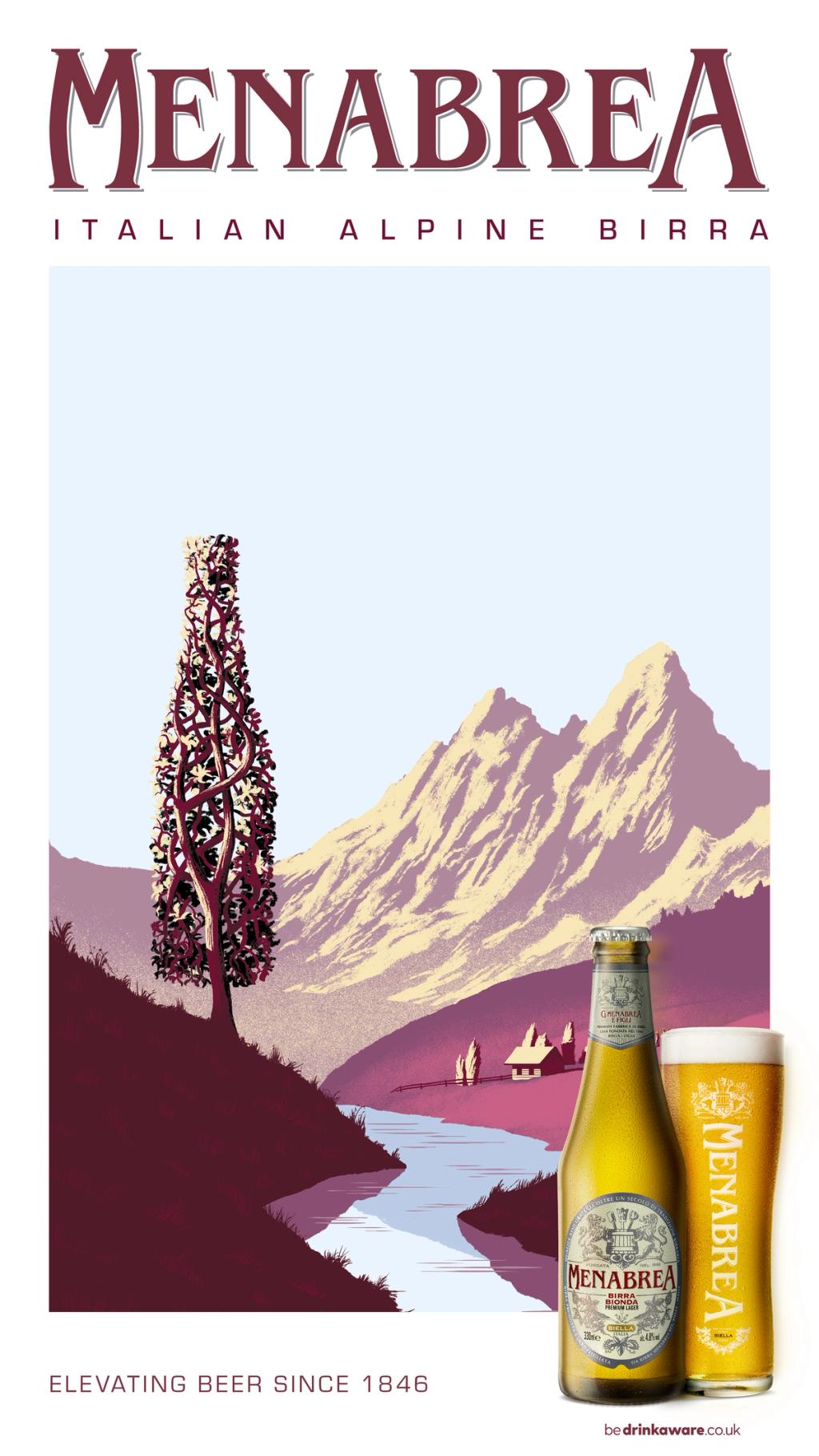 Paul blow illustration of a beer bottle shaped tree next to a stream