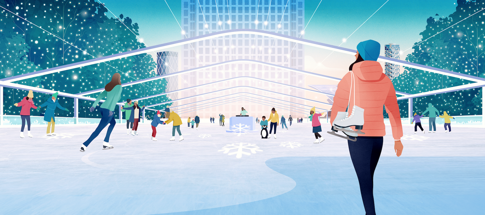 Wintry big city ice rink scene with people skating in the foreground, flanked by trees with twinking lights