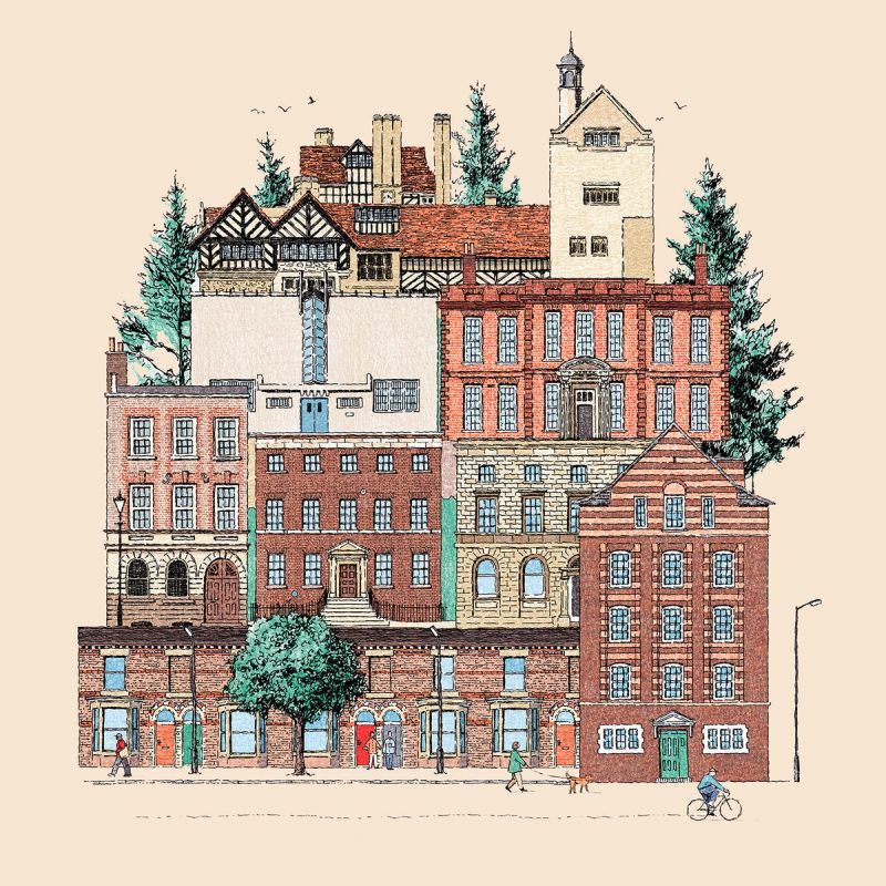 Whimsical hand-drawn illustration of diverse buildings stacked on a street with people.