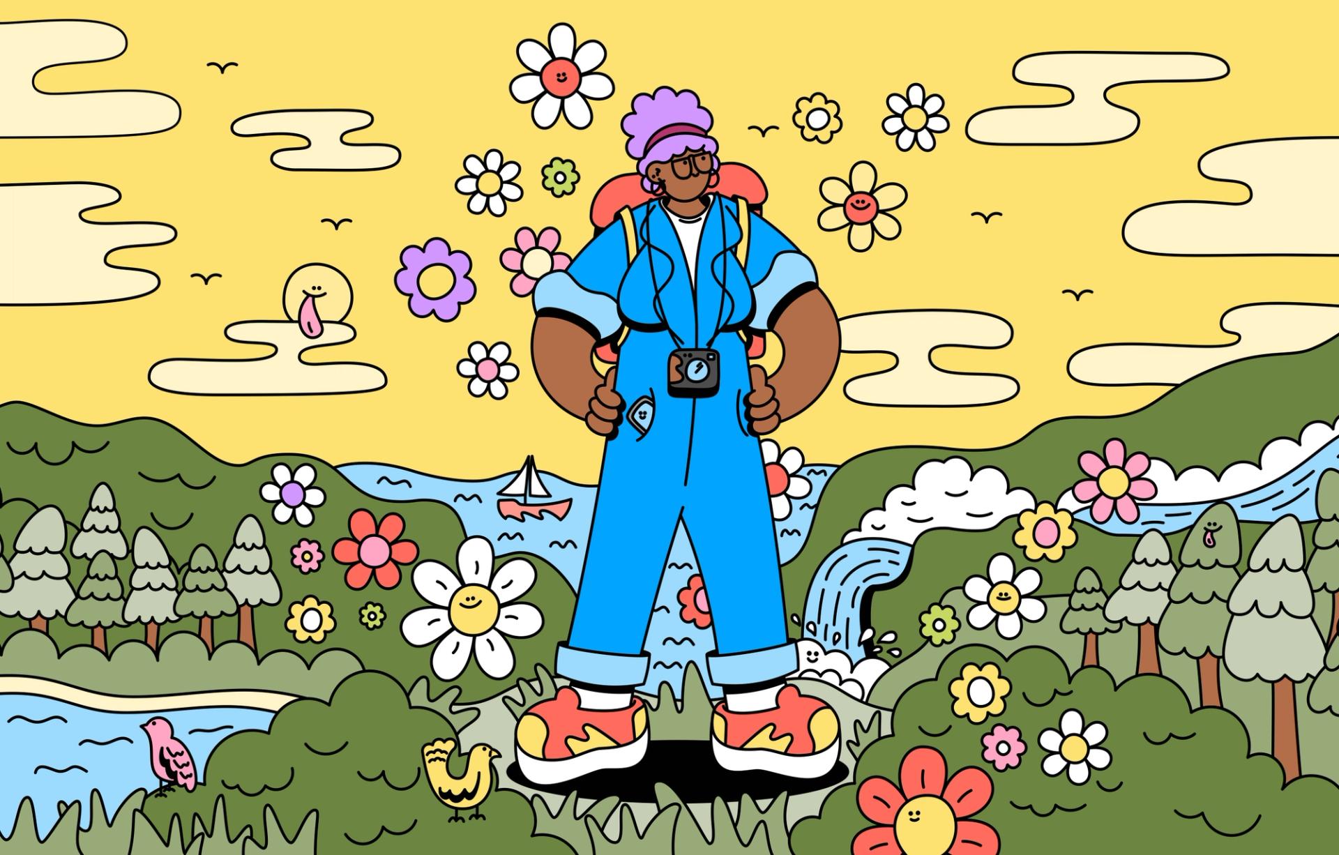 Bespecled black woman with purple hair and bright blue dungarees stands in the middle of a valley. She's surrounded by bright skies, smiling flowers and birds in a cheerful cartoon scene created by Luke McConkey