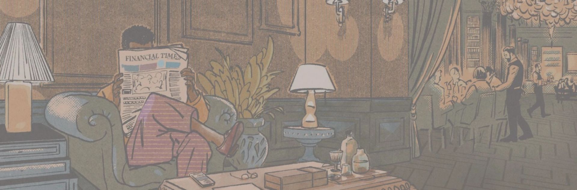 Muted illustration of a person reading the Financial Times on a couch, with a dining room and guests in the background.