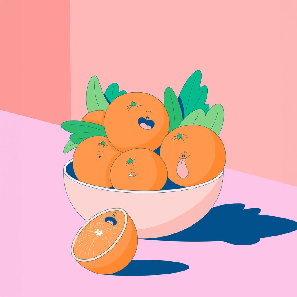 Luke McConkey final coloured illustration of smiling oranges in a bowl