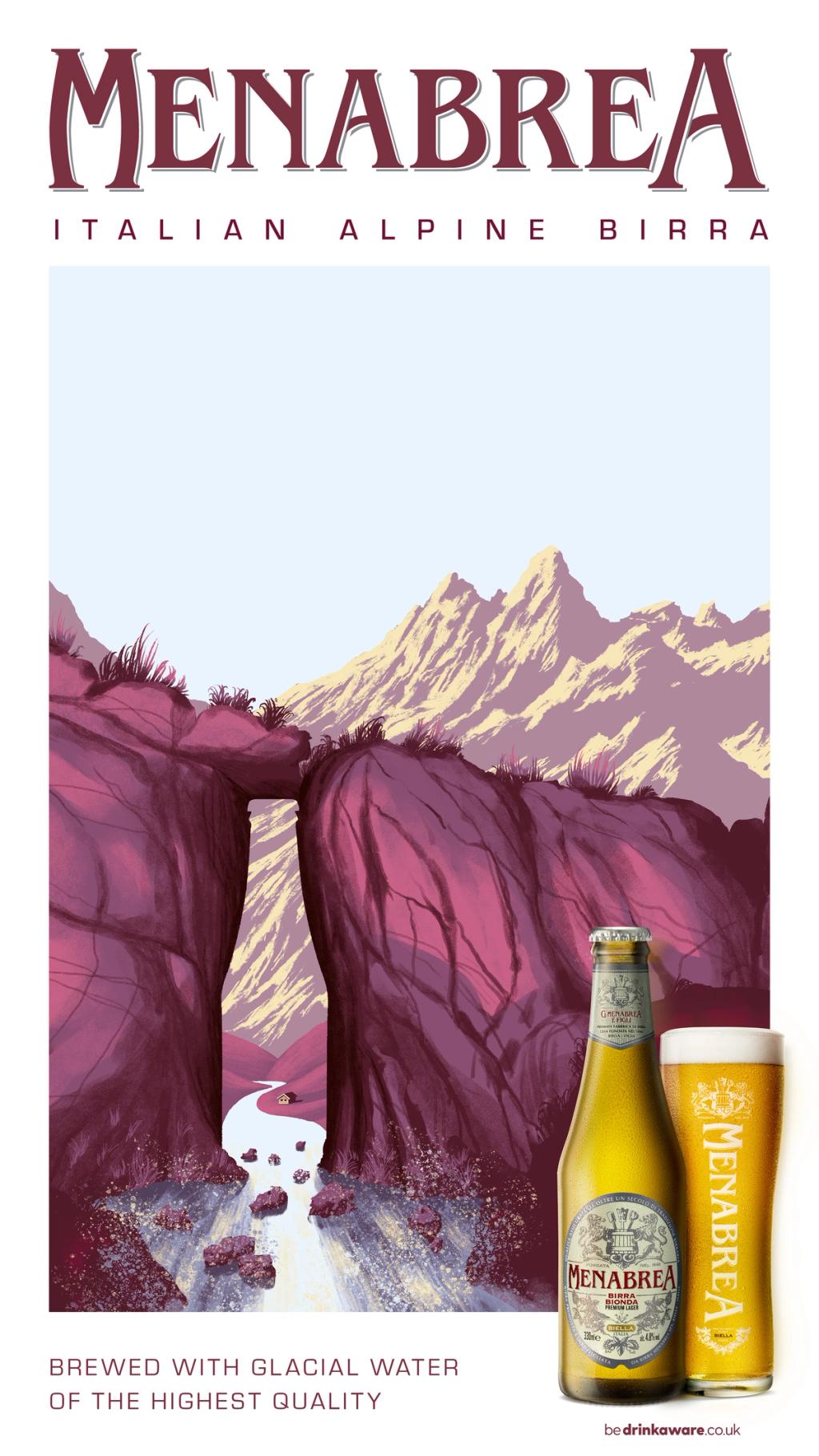 Paul blow illustration of a beer shaped gap in a mountain stream