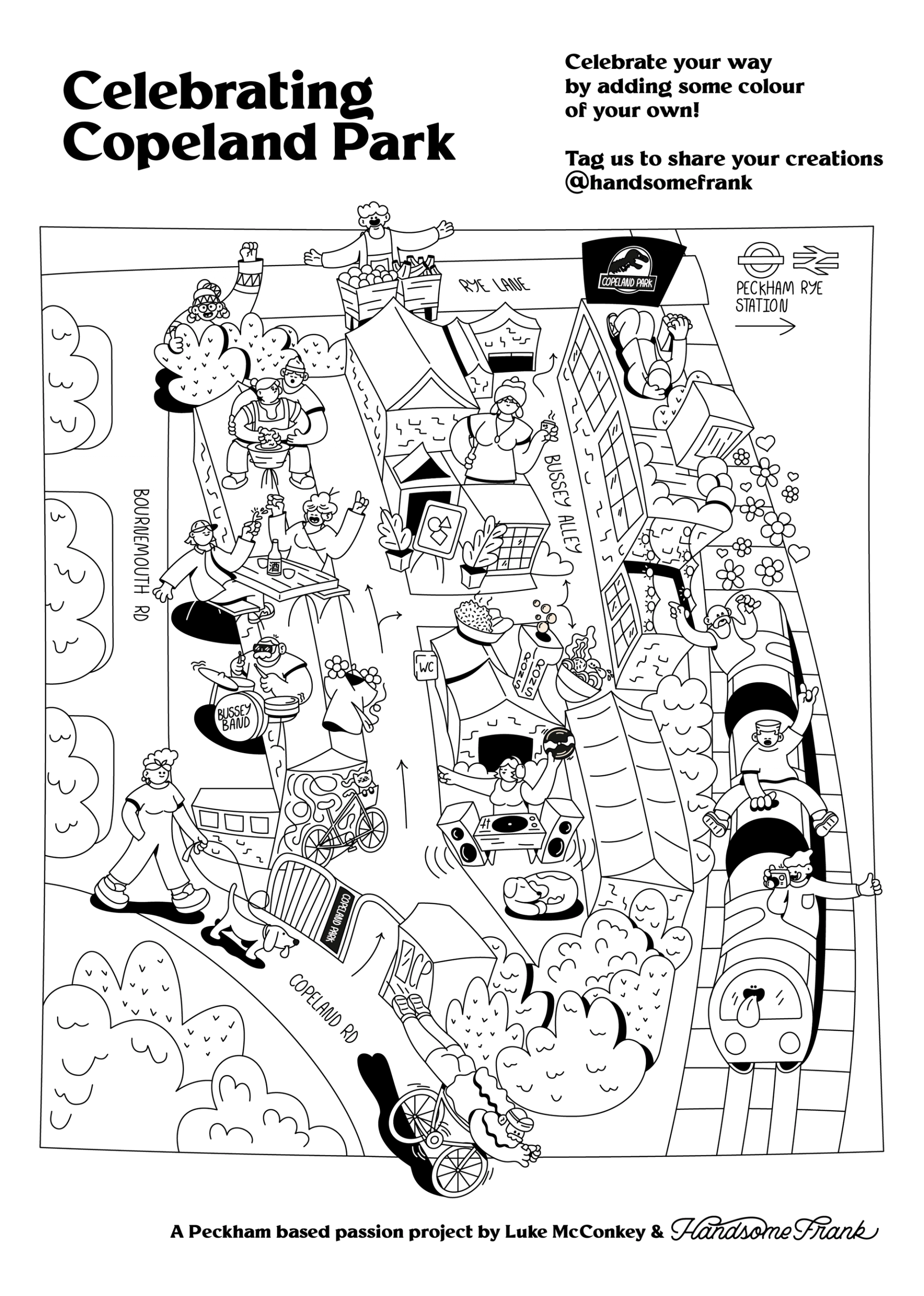 Black and white line drawing of Copeland Park and characters for colouring in, by Luke McConkey