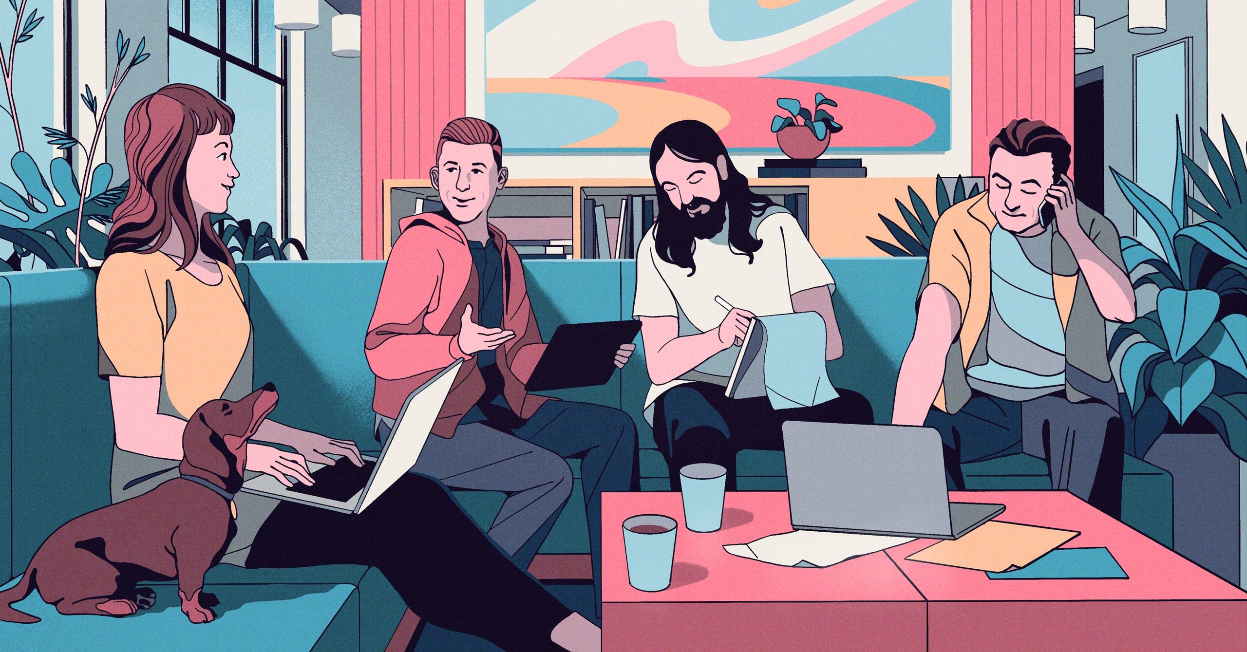 Illustration of Handsome Frank team members discussing on couch