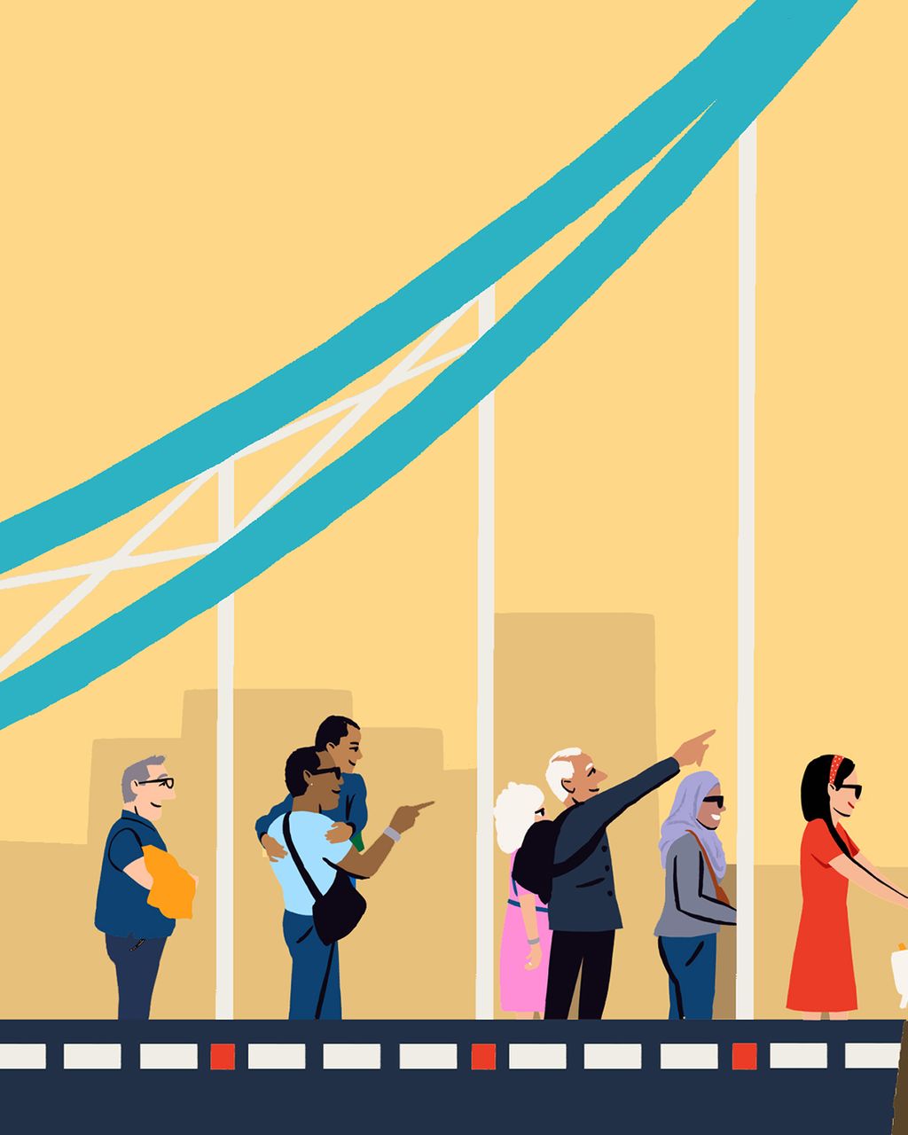 Illustration of people standing and pointing on tower bridge