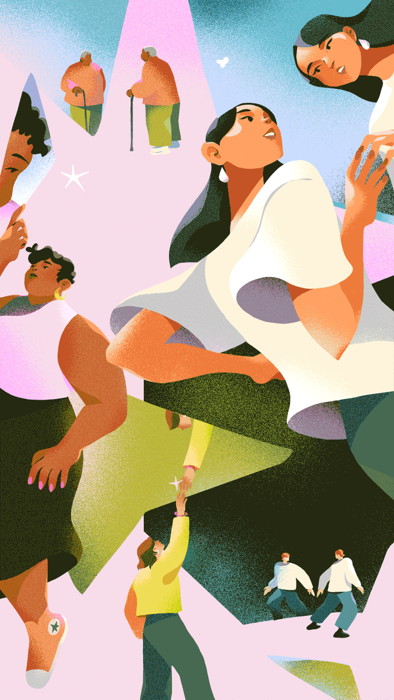 an illustration of a group of people including a man wearing converse shoes