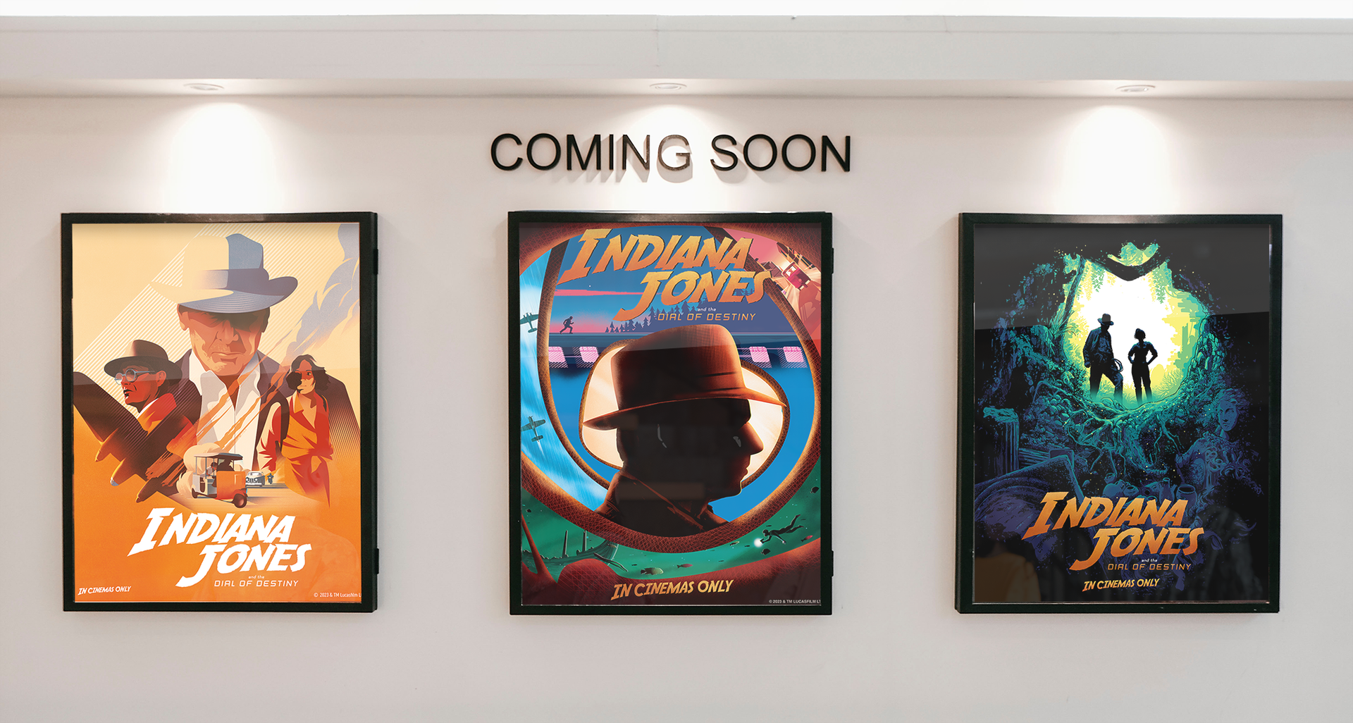 Indiana Jones and the Dial of Destiny posters by Charlie Davis, Matt Saunders and Tim McDonagh for Disney Studios UK