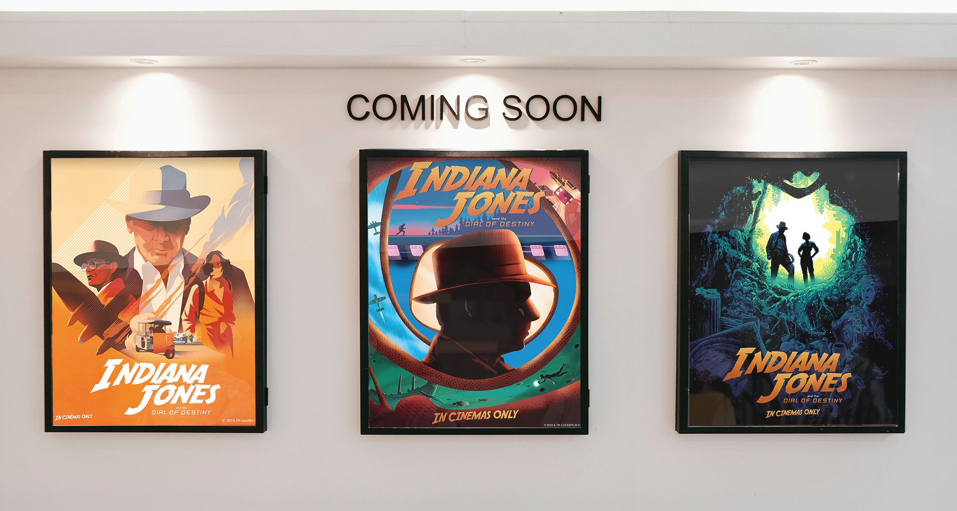 Indiana Jones and the Dial of Destiny posters by Charlie Davis, Matt Saunders and Tim McDonagh for Disney Studios UK