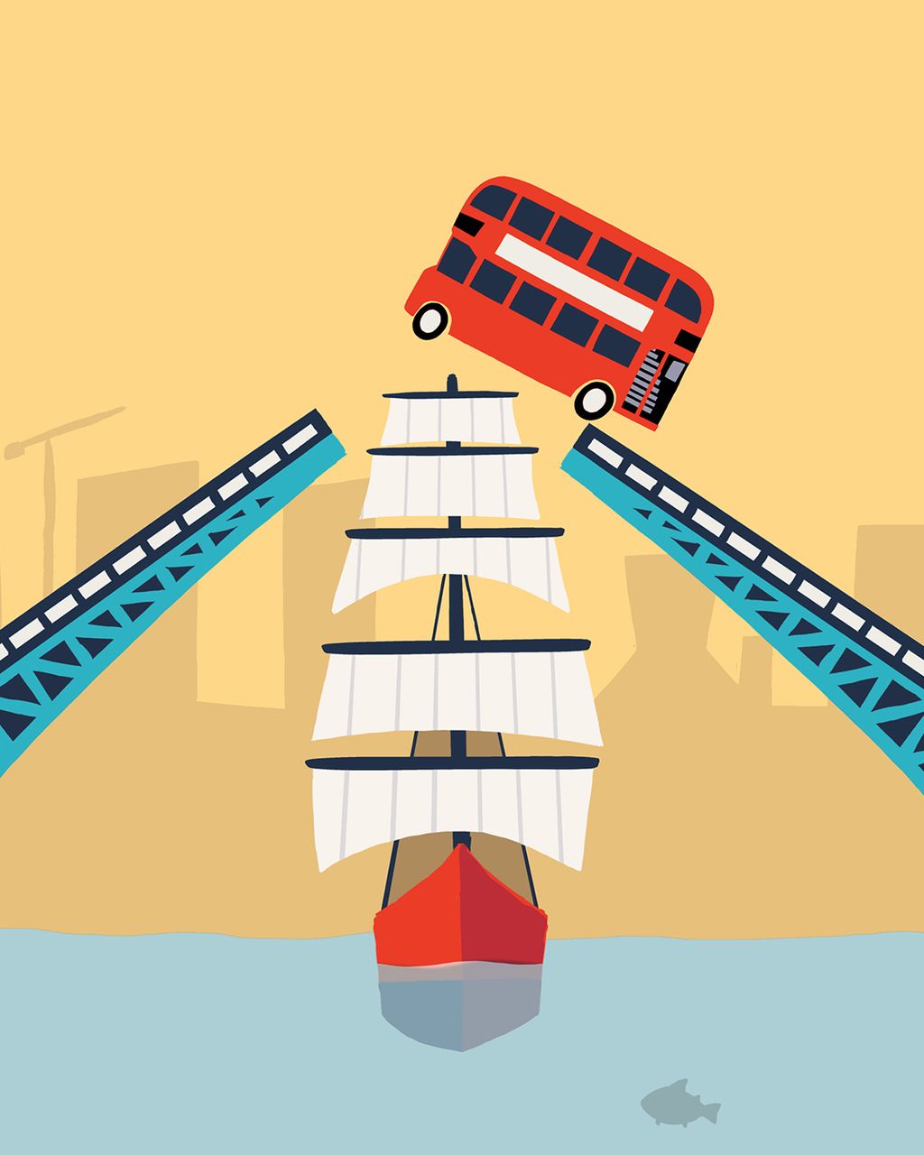 Illustration of a bus jumping over tower bridge