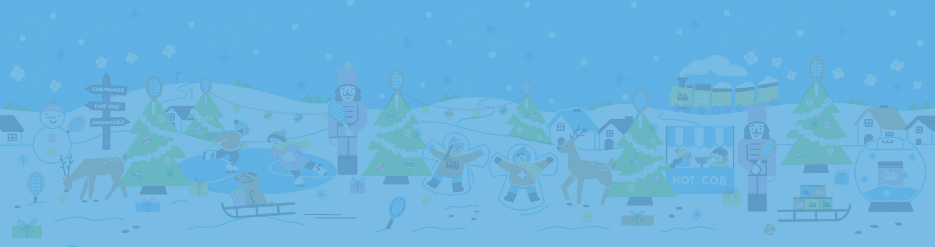 A festive winter village illustration with people ice skating, making snow angels, nutcrackers, reindeer, and Christmas trees.