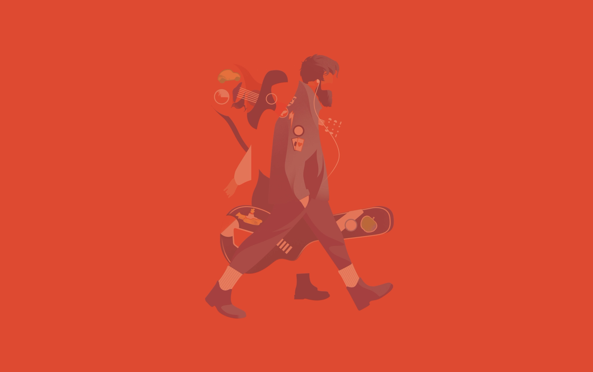 A flat graphic illustration of two figures walking on a red-orange background, one carrying a skateboard.