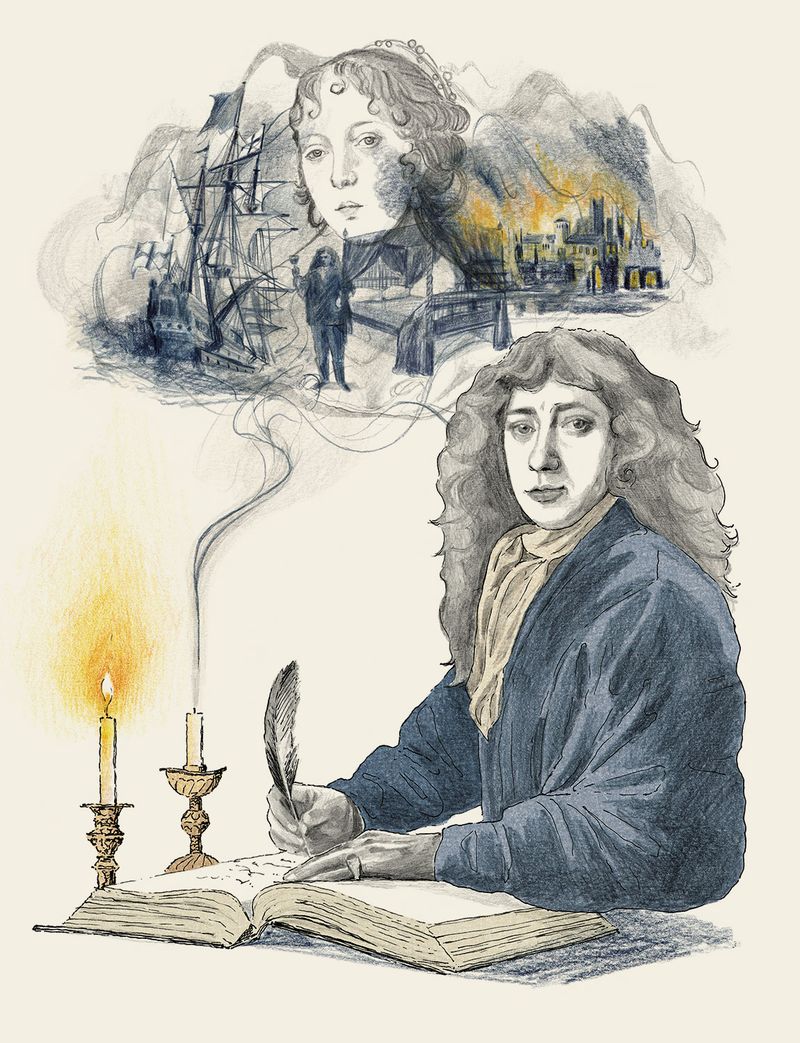 Man writing by candlelight with a quill, a thought bubble above him showing a woman's face, a ship, and a burning city.
