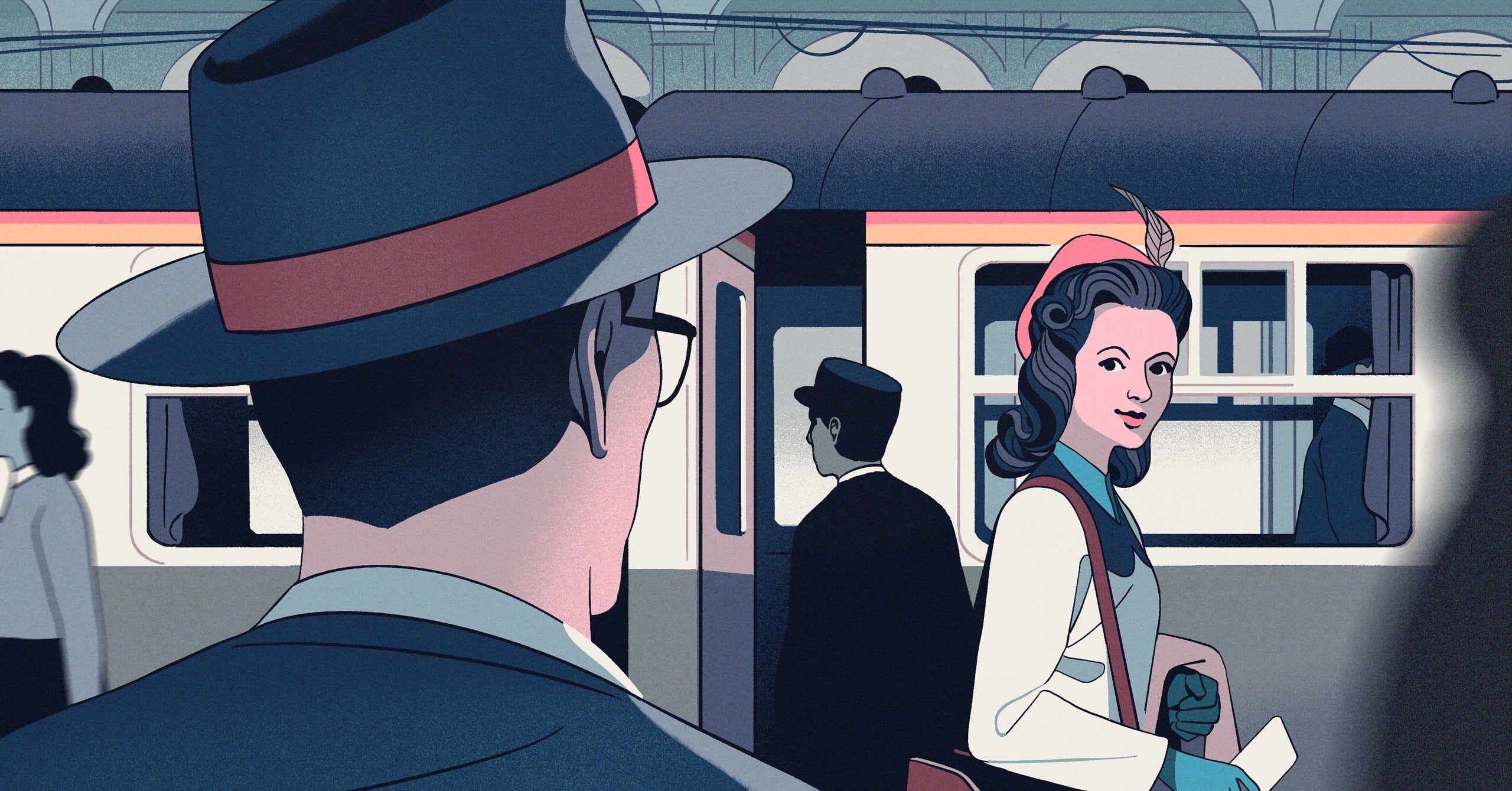 Illustration of man looking at woman in front of train