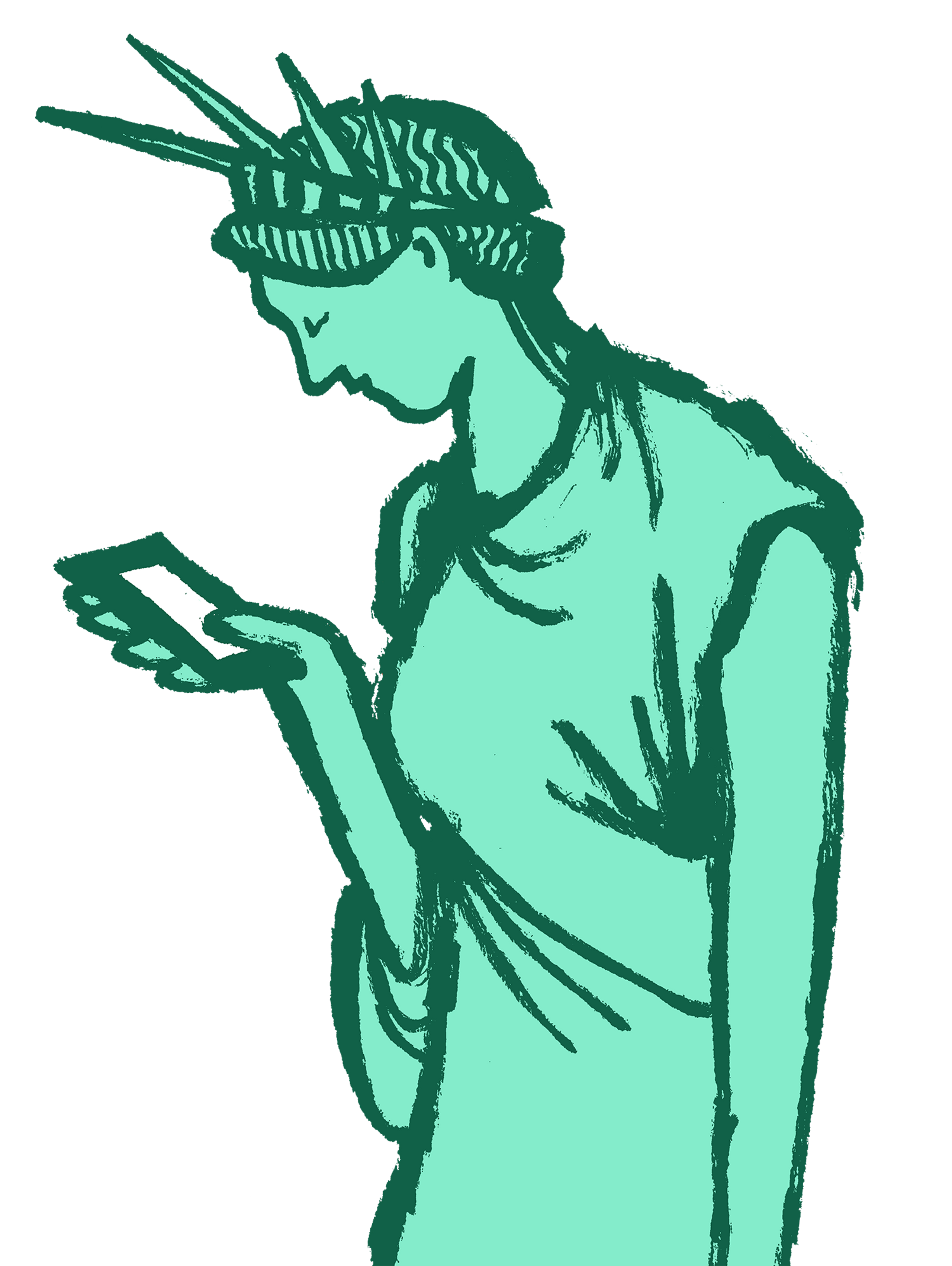 Illustration of the statue of liberty looking at a phone