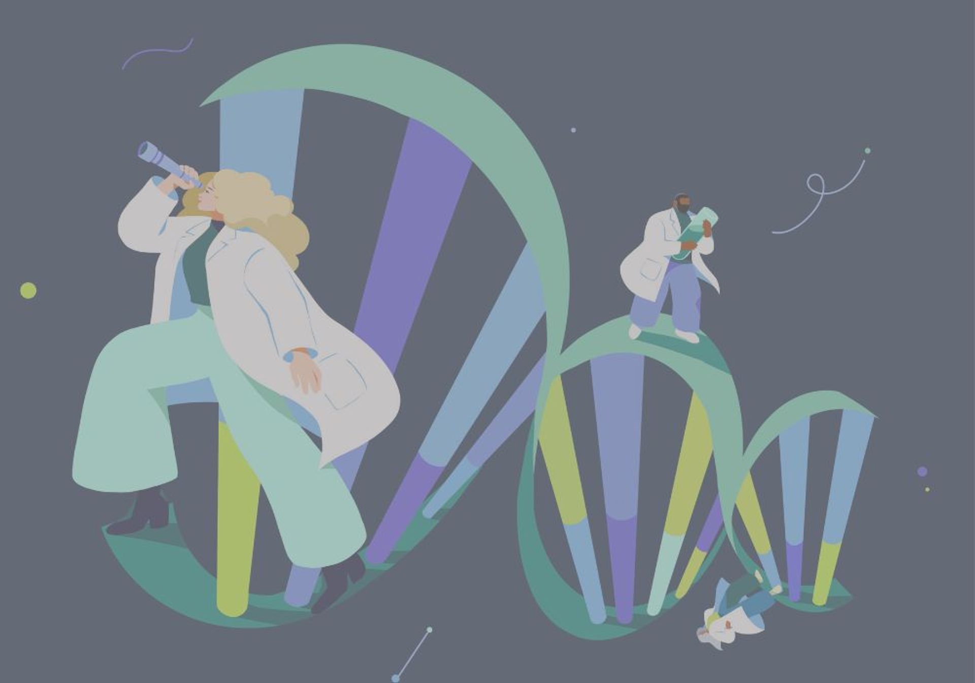 Illustration of three scientists on a colorful DNA double helix: one looks through a telescope, one holds a beaker, and one slides down.