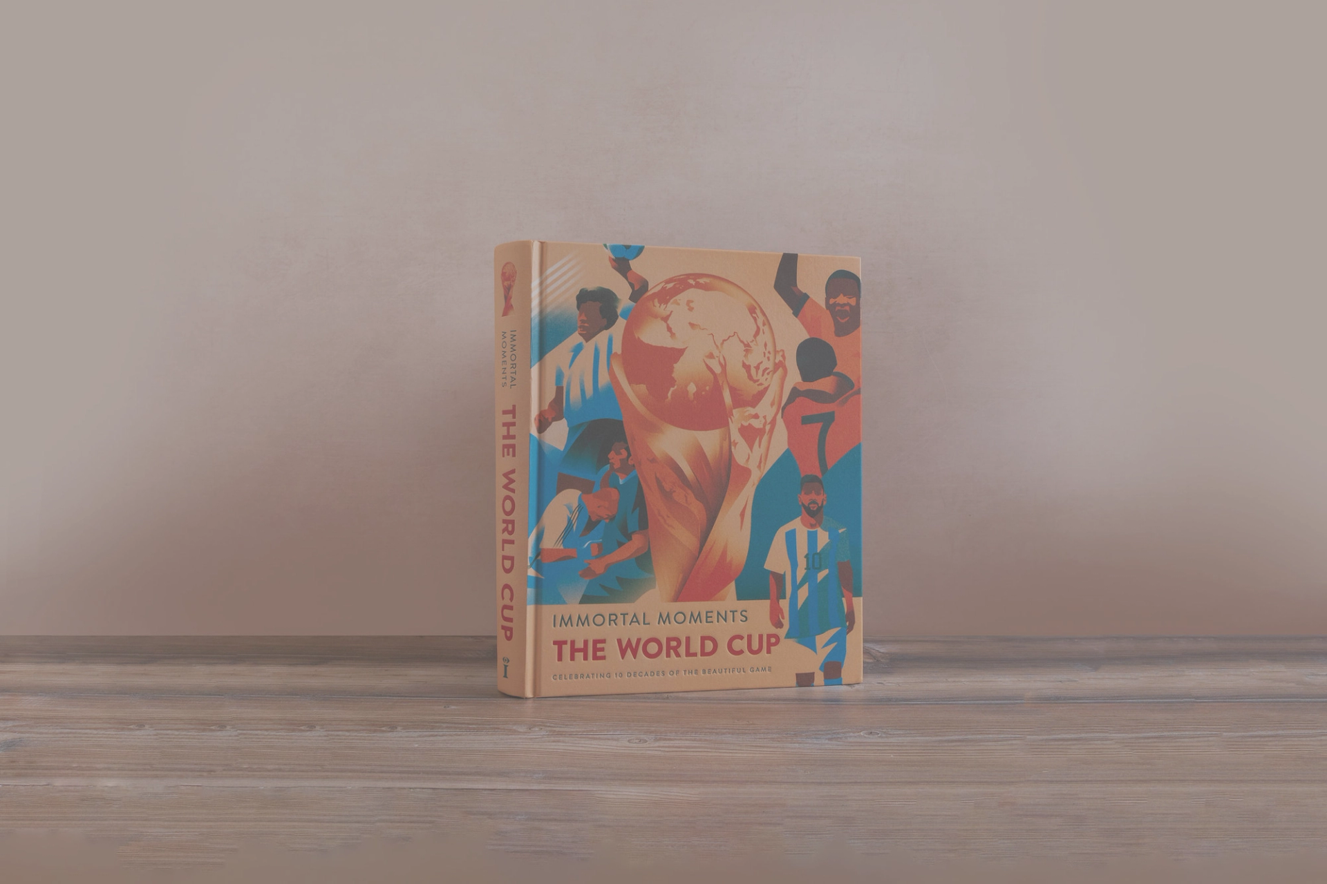 Illustration of the FIFA World Cup trophy surrounded by iconic soccer players like Messi, Maradona, and Pelé, with the text "Immortal Moments World Cup."