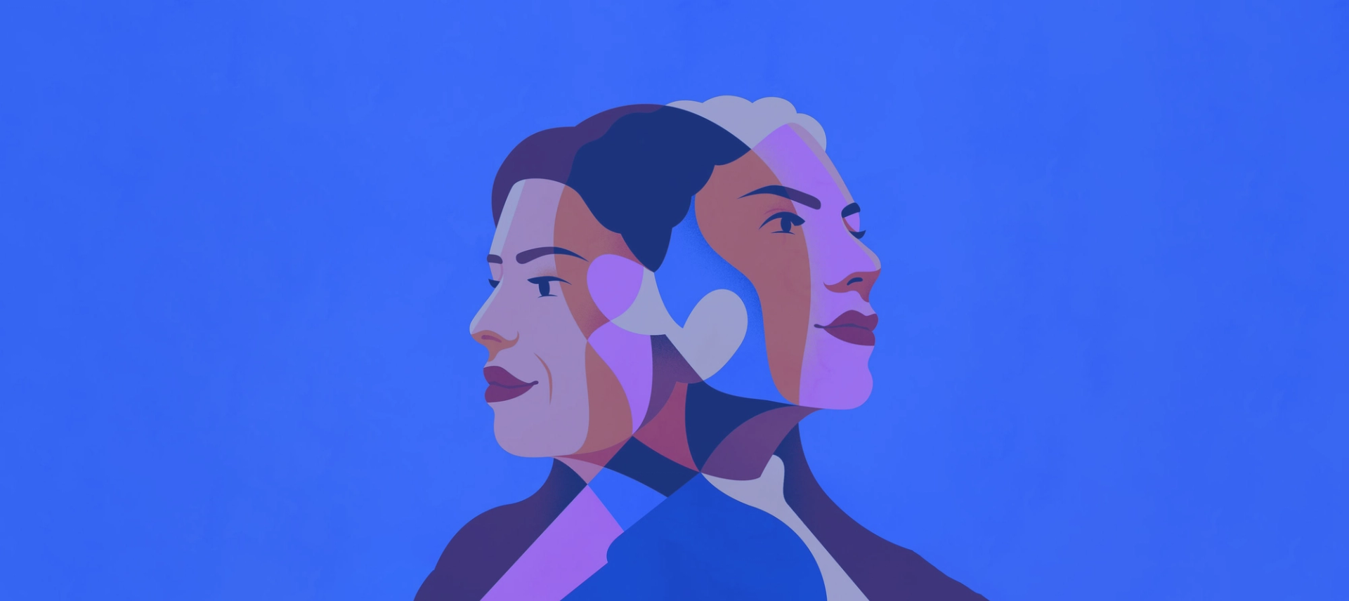 Intertwined profiles of two women facing away from each other, forming a heart, on a blue background.