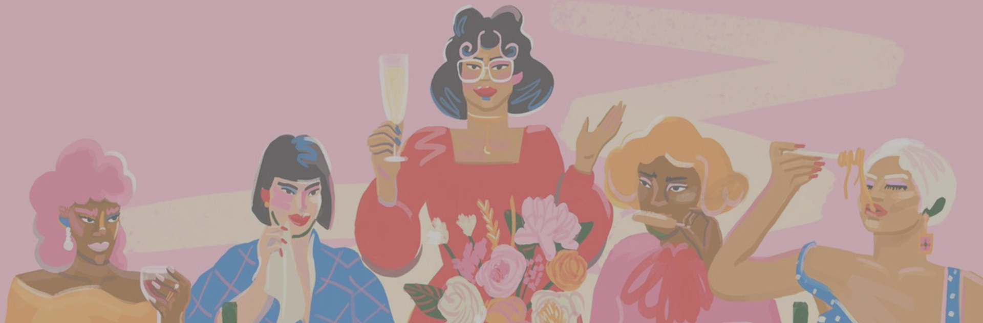 Illustration of five diverse women socializing over food and drinks.