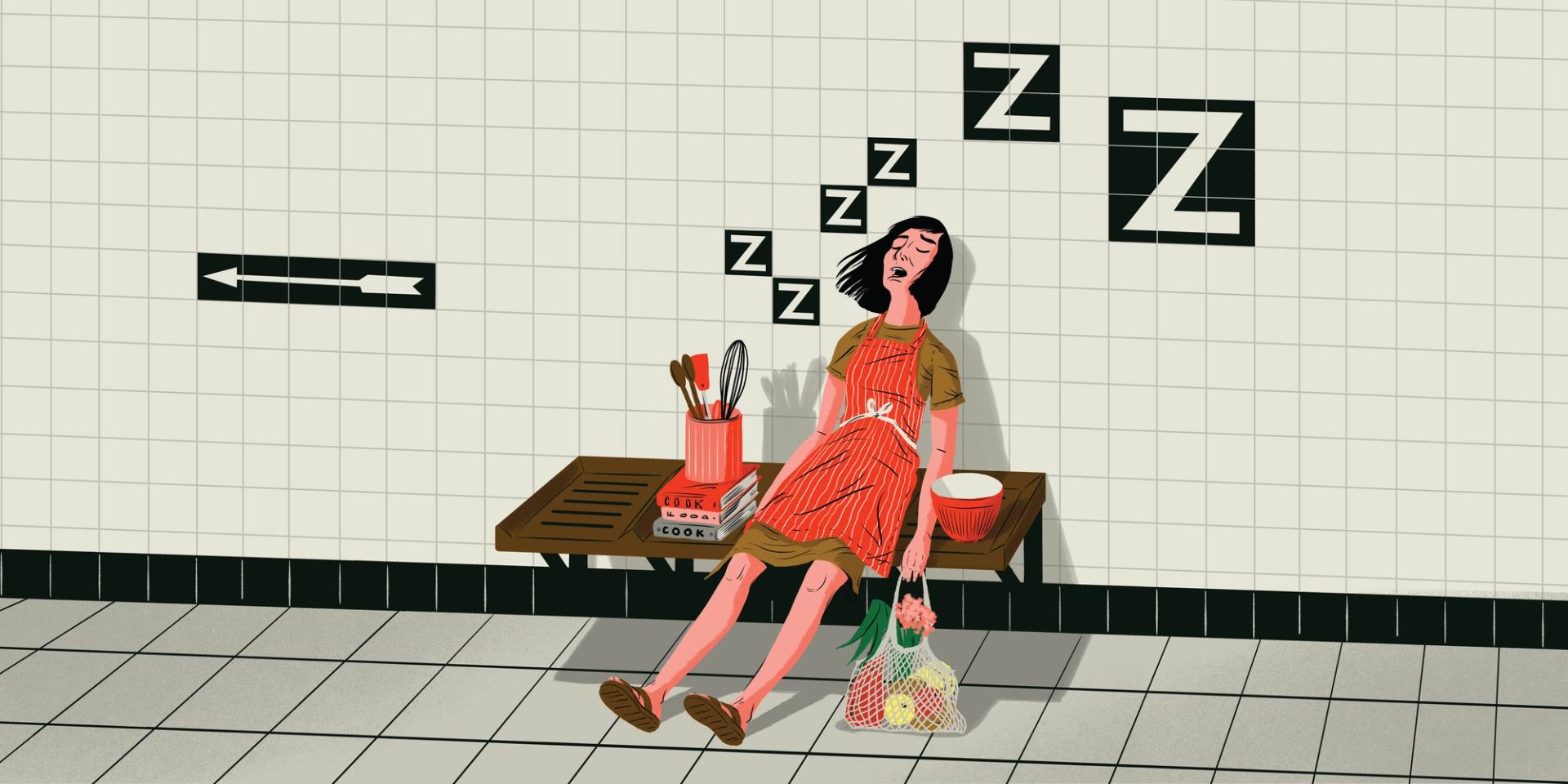 Woman lies exhausted against a white tiled subway wall, with black tiles increasing in size saying 'Z' around her. She is wearing a vermillion apron, with cooking implements around her on the subway bench, holding a net bag of fruit and flowers. There is an arrow in the tiles pointing to the left, away from her