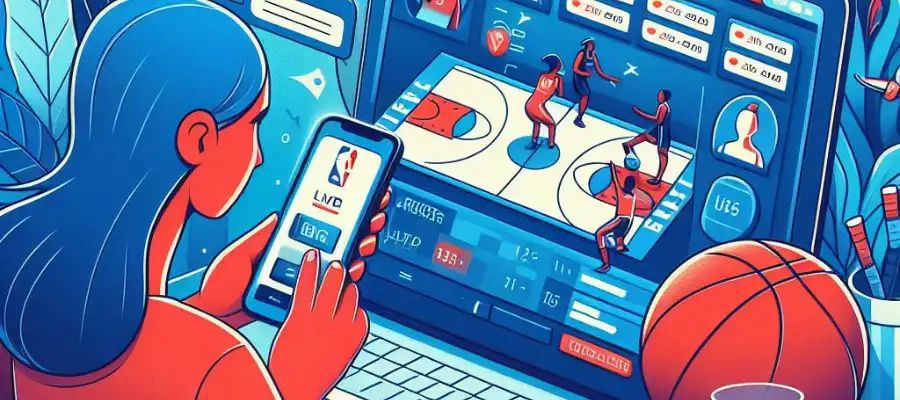 A person placing a live NBA bet while watching a basketball game
