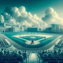 A college baseball game set at a cloudy day