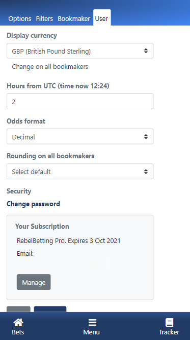 User setting options in RebelBetting