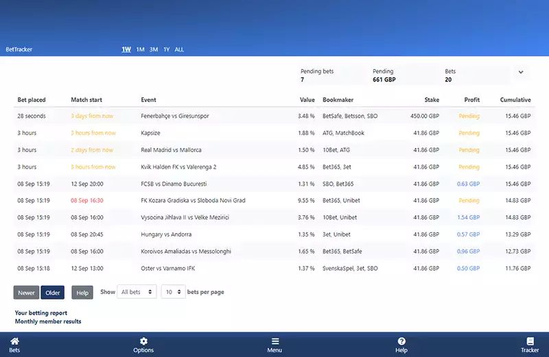 The Sure Betting BetTracker where you log your sports arbitrage bets