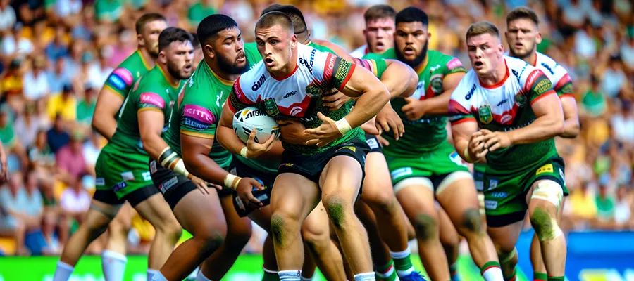 Rugby league match with players in action