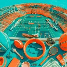 Illustration of diverse sports equipment and markets in sports arbitrage betting example