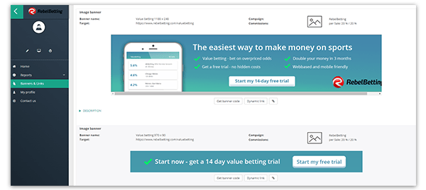 The RebelBetting Affiliate program interface