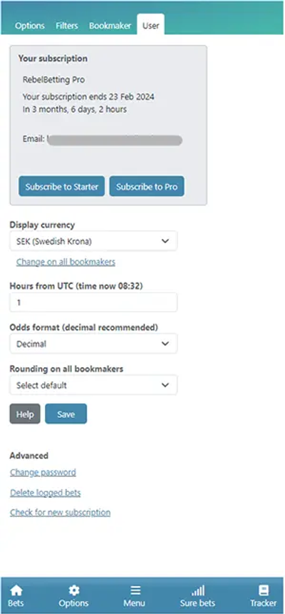 User settings in RebelBetting