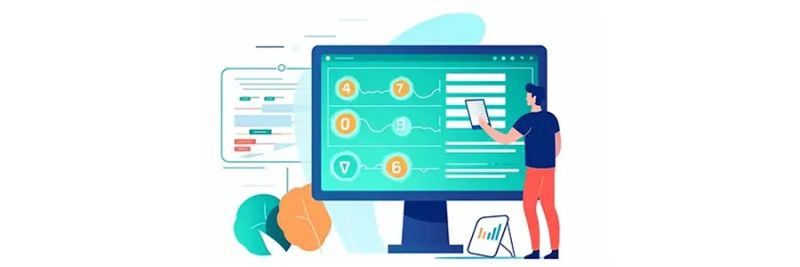 Animated illustration of person analyzing betting bonuses and numerical data on monitor screen