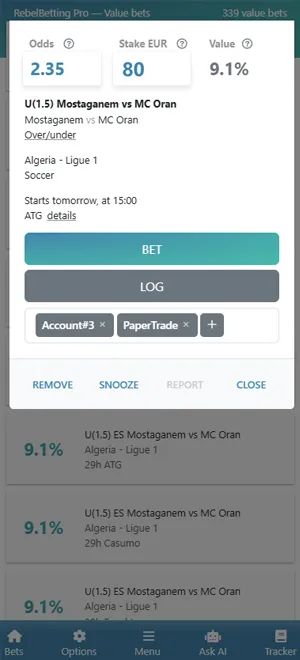 The Bet Details view in RebelBetting