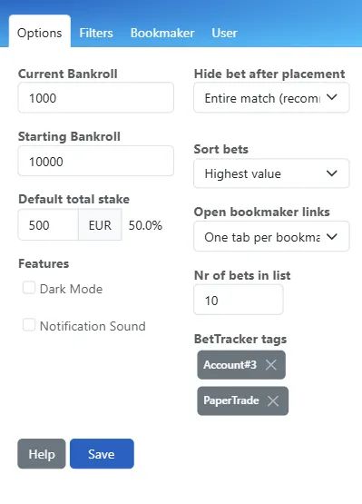 The Options menu in RebelBetting