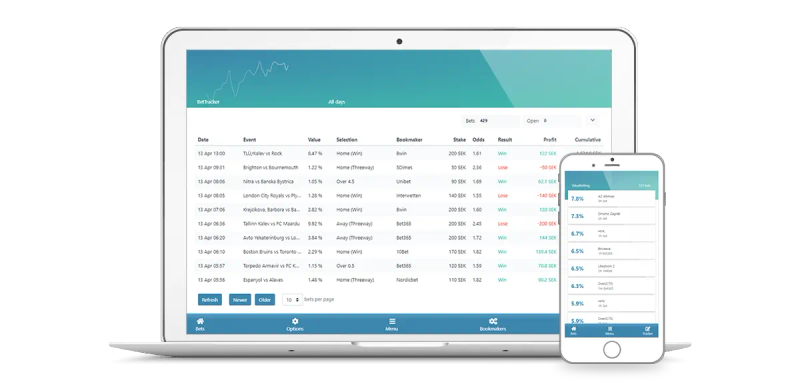 RebelBetting value betting software displaying betting opportunities on laptop and mobile device