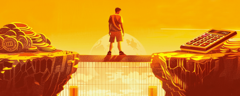 Bettor standing on bridge between cliffs with coins and calculator, illustrating risks and challenges in arbitrage betting