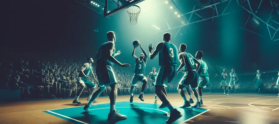 A basketball game in the middle of the match