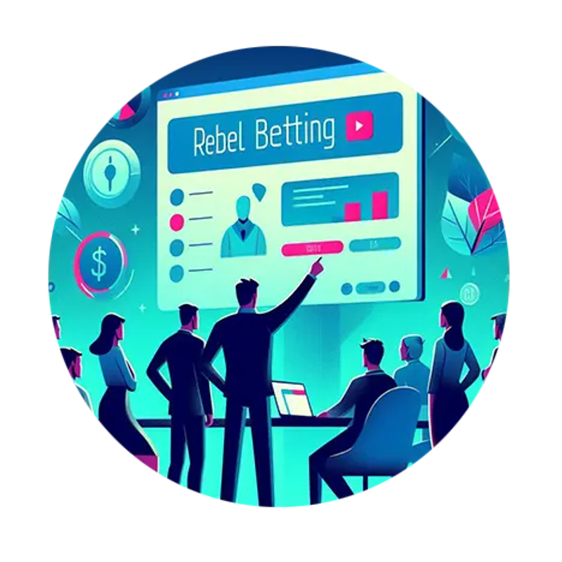 A group of people gathering around a computer screen showing Rebelbetting's interface, one person is pointing at the screen