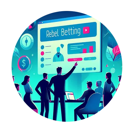 A group of people gathering around a computer screen showing Rebelbetting's interface, one person is pointing at the screen