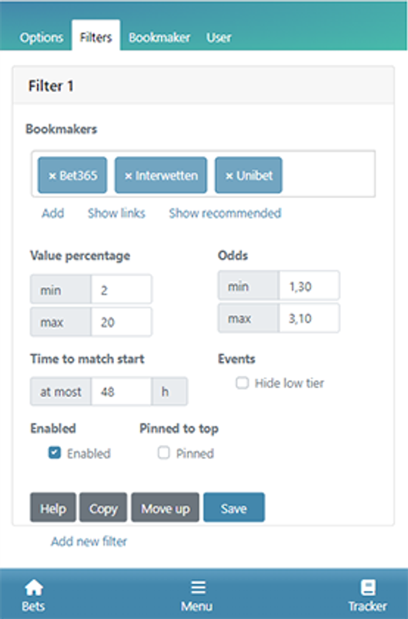 A screenshot of the software for sports betting customization and personalization options.