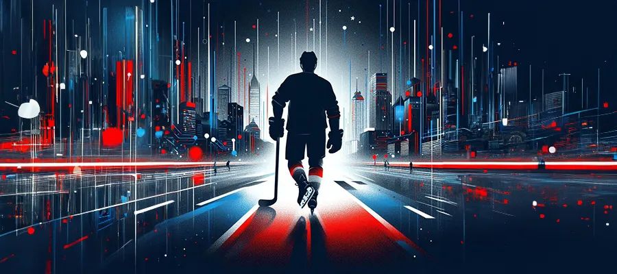 A confident hockey fan stepping onto an illuminated hockey rink