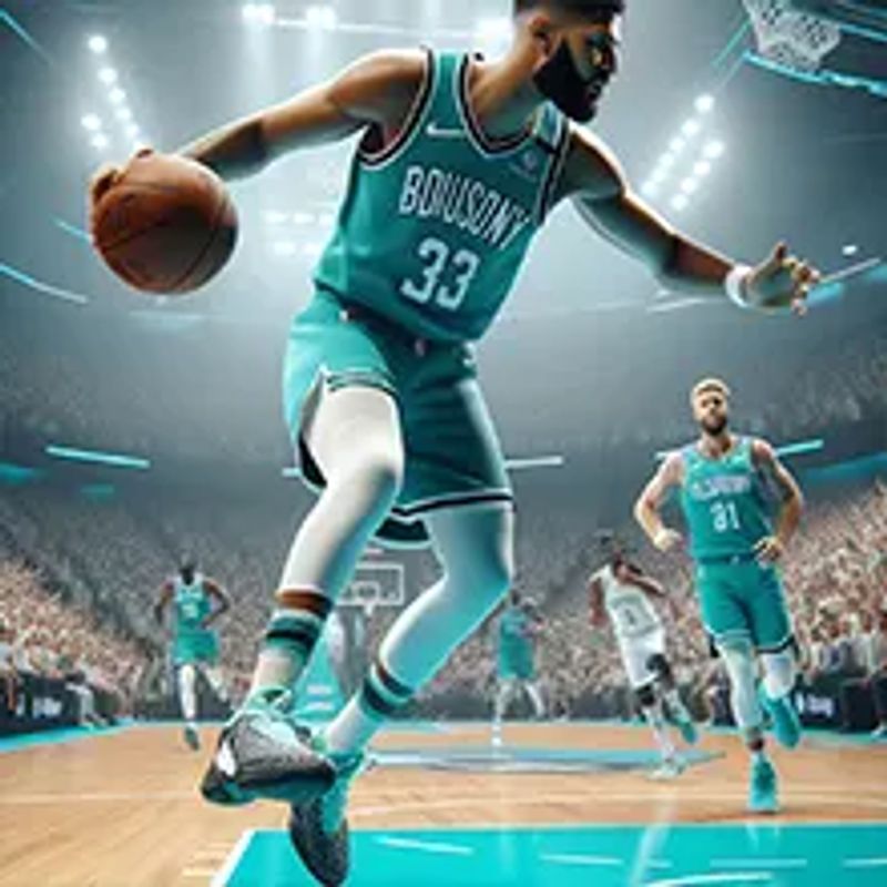 A NBA player in the middle of a game making an assist