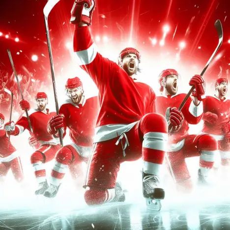 A hockey team celebrating their win